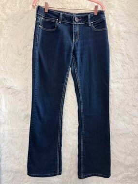 Wrangler Womens Western Mid Rise Bootcut Jeans Size 5/6 Dark Wash Pink Stitch